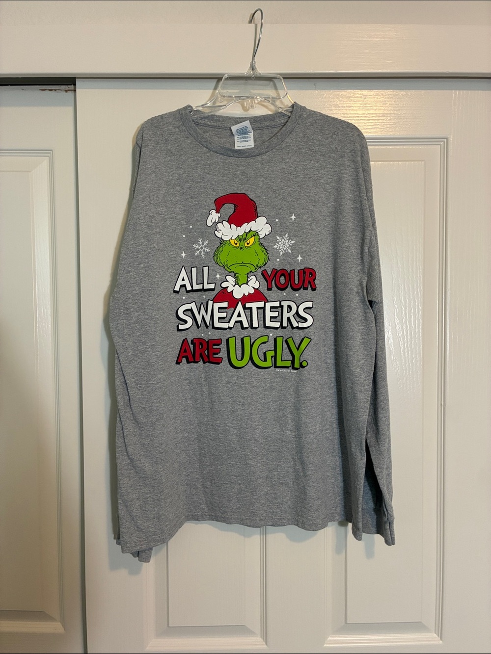 Delta Gray Grinch Graphic Crewneck Sweatshirt with Red and Green Accents